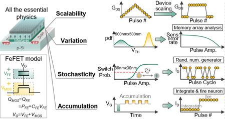 [그림 1] FeFET 분석의 핵심적인 4가지 관점인 scalability, variation, stochasticity, accumulation